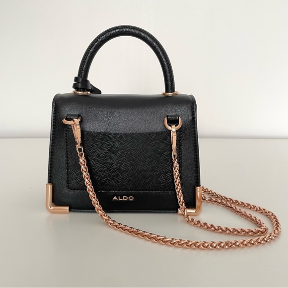 Aldo Women's Micro Mini Black Top Handle Crossbody Bag Rose Gold Chain Strap - Picture 3 of 14
